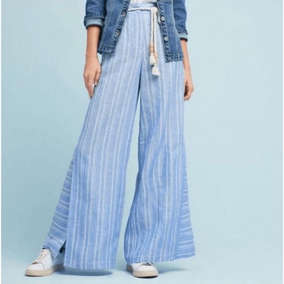 Anthropologie ETT TWA Blue & White Striped Linen Wide Leg Pants with Rope Belt - Picture 2 of 3